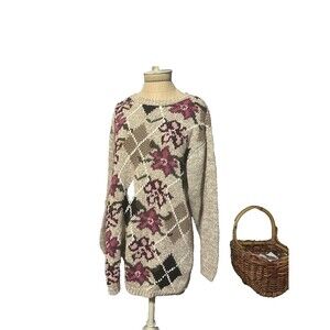 Crystantheme Knitted By hand Sweater Vin Beige Argyle Floral cotton Blend Medium